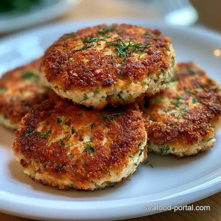 Three seared salmon patties stacked on a bed of fresh microgreens with a swirl of zesty sauce on a white ceramic plate.
