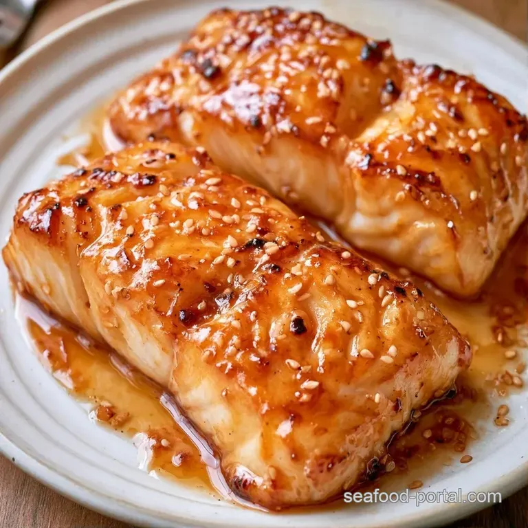 Flaky white fish fillets drizzled with a translucent glaze, served beside bright steamed bok choy on a slate platter.