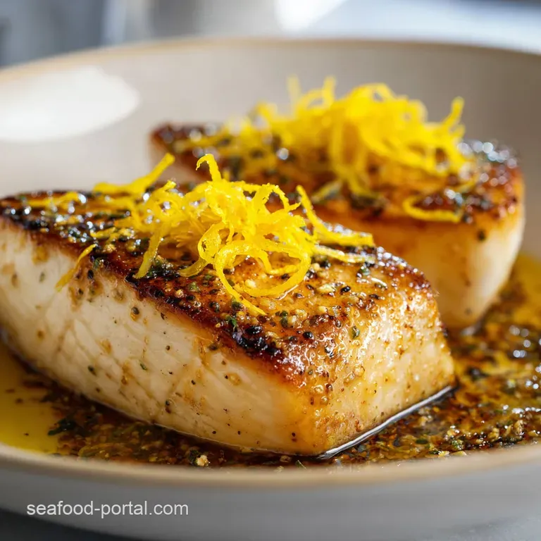 Perfectly seared fish steak served with vibrant steamed asparagus and a drizzle of lemon butter on a dark plate.