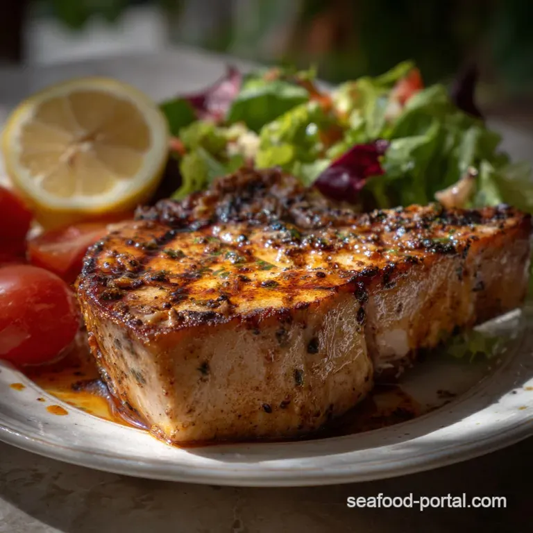 Flaky, white swordfish steak, glistening from air frying, with a crisp golden crust, elegantly plated with vibrant green h...