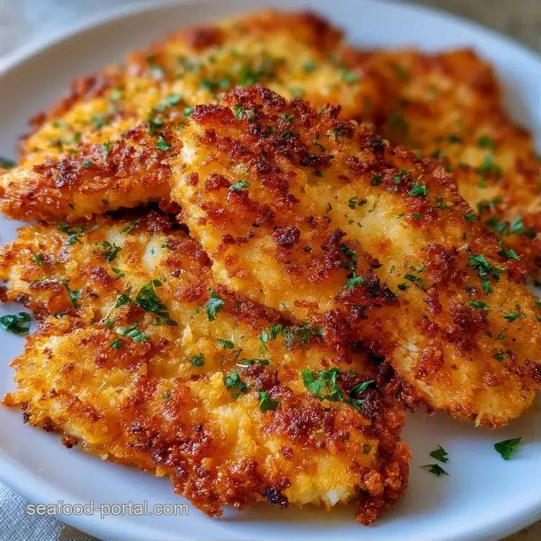 Two golden breaded fillets arranged on a white ceramic plate with a sprig of parsley and a wedge of lemon.