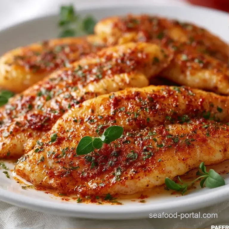 Golden-brown seared fish fillets resting on bright green steamed asparagus with a garnish of fresh chopped parsley.