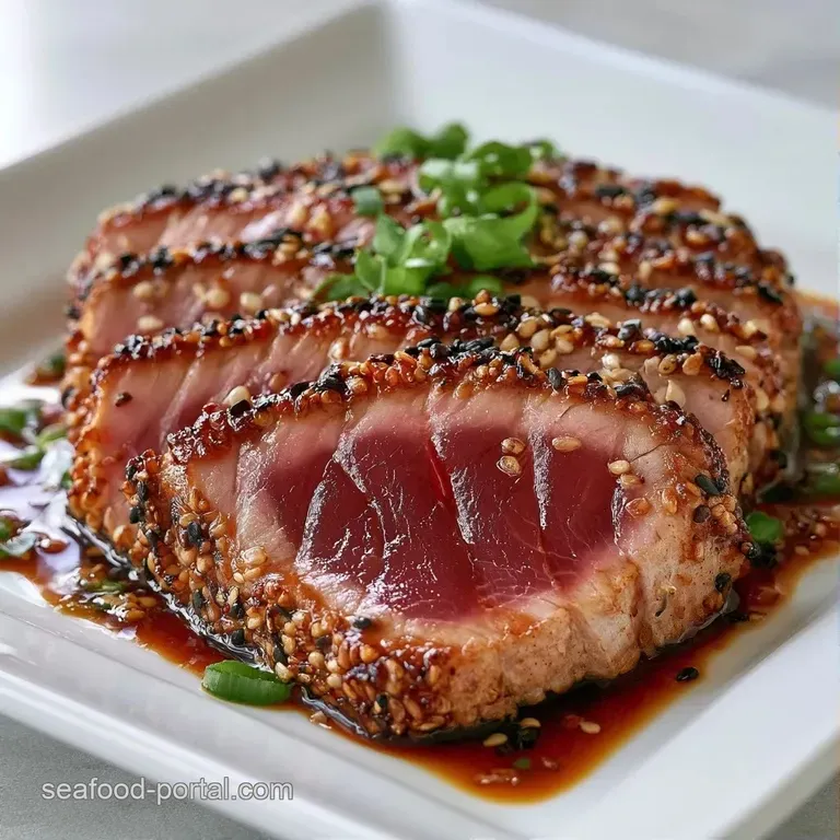 Sliced seared tuna with a bright pink interior, drizzled with dark glaze and garnished with fresh microgreens.