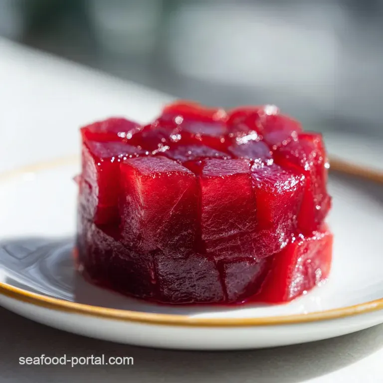 A neat cylinder of ruby-red tuna topped with a creamy avocado slice and microgreens on a dark slate platter.