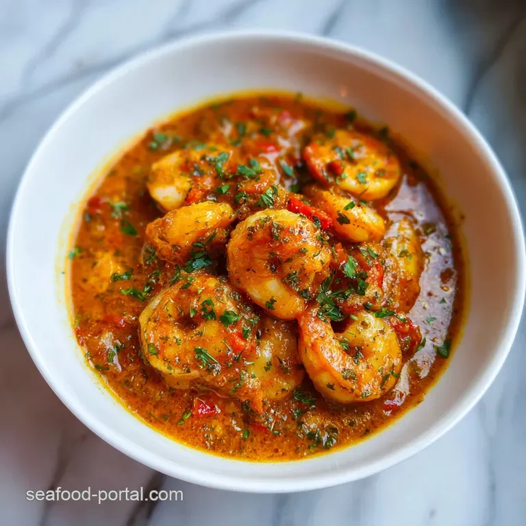 A generous serving of bright, saucy shrimp and rice elegantly arranged in a shallow white bowl, garnished with fresh parsley.