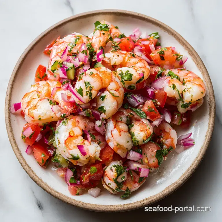 Chilled shrimp ceviche artfully arranged in a glass bowl, garnished with fresh cilantro and a lime wedge.