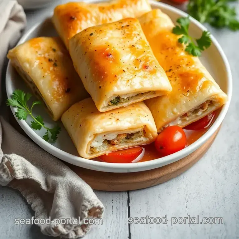 Crispy Baked Fish Pastry Rolls with Seasonal Veggies presentation