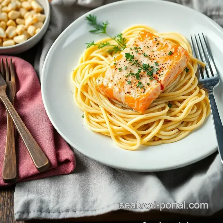 Bake Salmon Creamy Tagliatelle Delight presentation