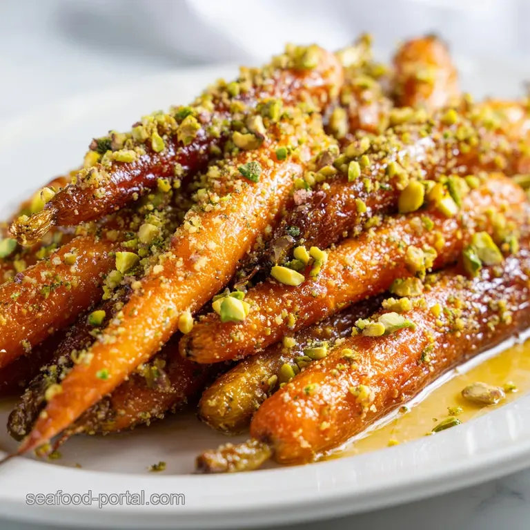 Glazed carrots artfully arranged on a white plate, topped with chopped pistachios. Steam rises, hinting at warmth and swee...