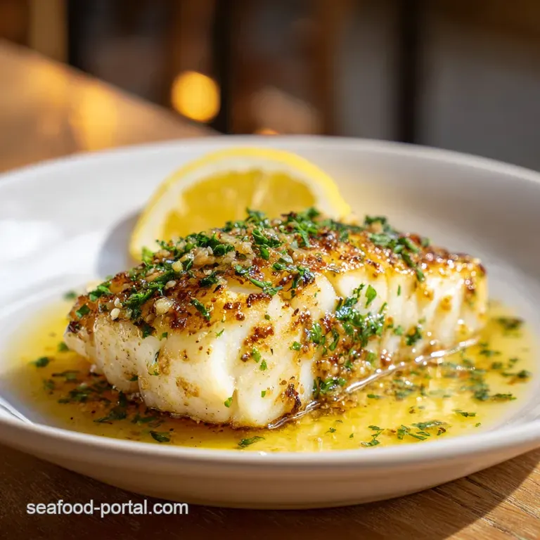 Delicate, white cod fillet glistening with lemon butter sauce. Garnished with fresh parsley, served on a white plate.