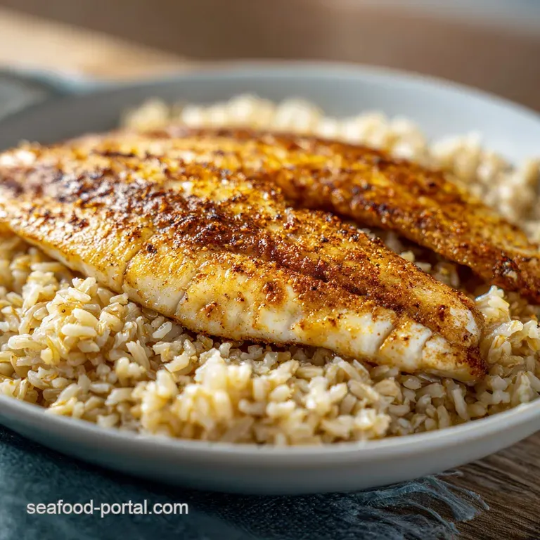 A white ceramic plate with a seared fish fillet resting on seasoned rice, garnished with bright green parsley.
