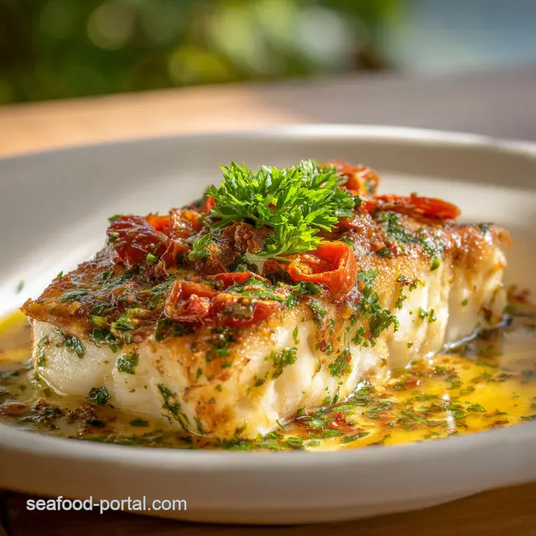 A single baked fish fillet, glistening with melted butter, rests on a bed of fluffy white rice, garnished with fresh parsley.