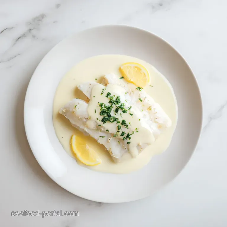 Elegant white fillet draped in a silky pale yellow sauce, garnished with microgreens on a minimalist ceramic plate.