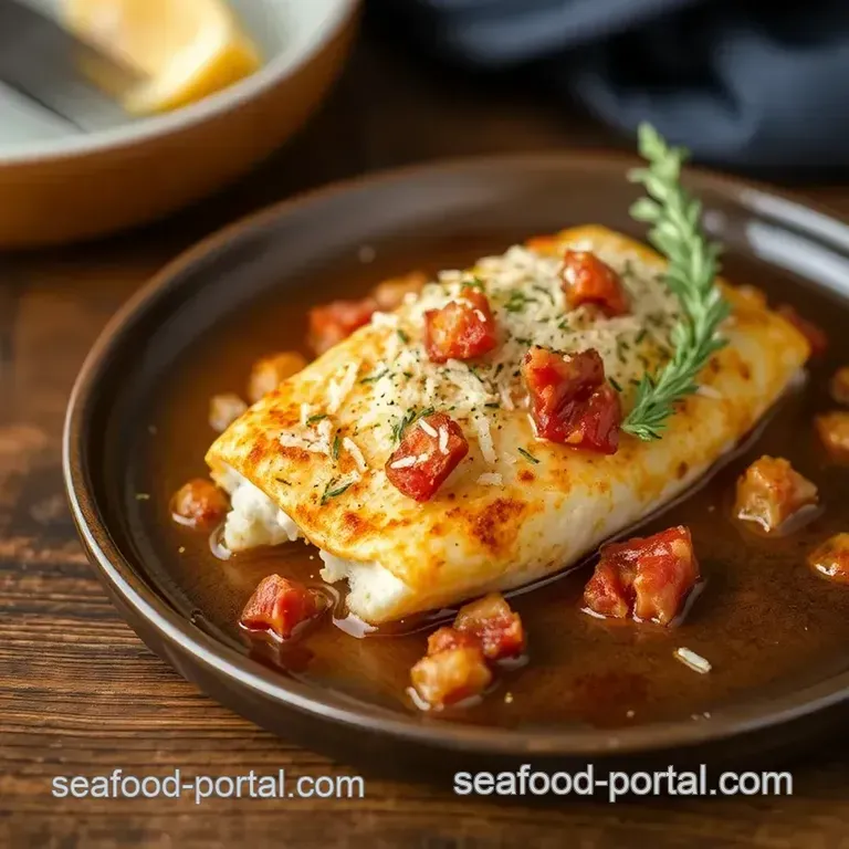 Baked Fish with Bacon & Crispy Parmesan presentation