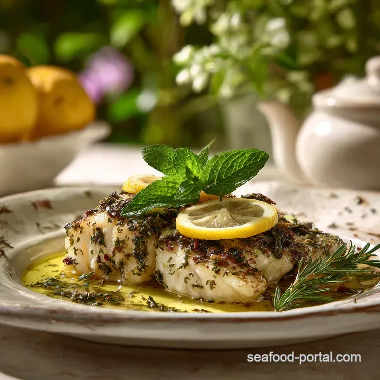 Perfectly baked grouper plated with lemon wedge and herbs, delicate flakes, moist and tender, ready to eat.