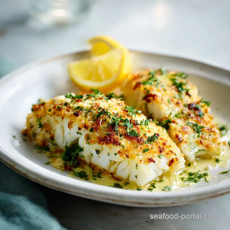 Flaky baked haddock fillet glistening with lemon butter sauce, served on a white plate with vibrant green herbs as garnish...