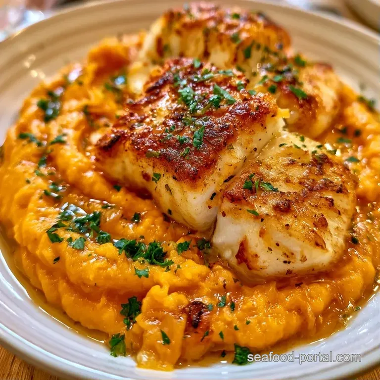 Elegantly plated white fish resting on a smooth, bright orange sauce with a garnish of microgreens on white ceramic.