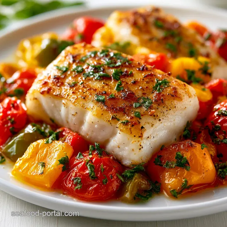 White fish fillet nested among roasted red and yellow peppers on a ceramic plate, garnished with fresh green herbs.
