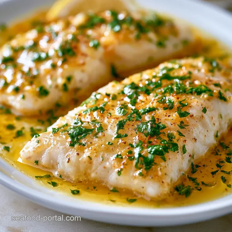 White fish fillets drizzled in glistening butter, served with steamed asparagus and charred lemon halves on porcelain.