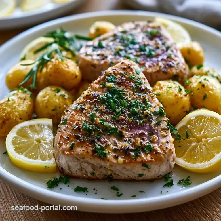 A seared tuna fillet resting on roasted golden potatoes, garnished with fresh parsley and lemon on a white plate.
