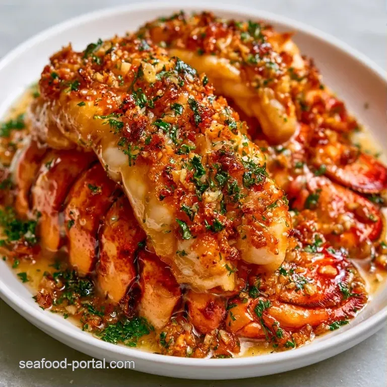 Bright red lobster tails on a white platter, glistening with melted butter and garnished with minced garlic and herbs.