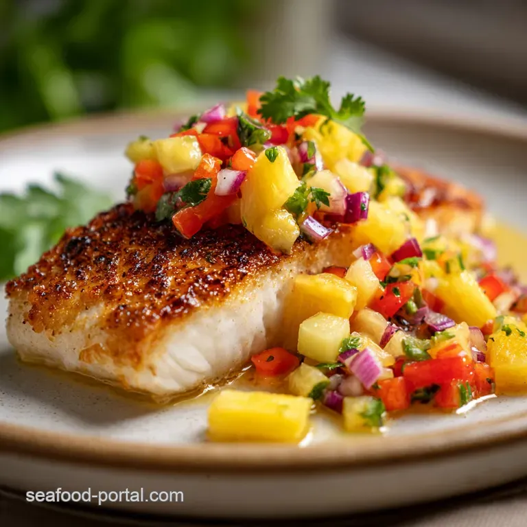 Perfectly plated mahi-mahi topped with chunky pineapple salsa and cilantro sprigs. Fish glistens, colors bright against th...