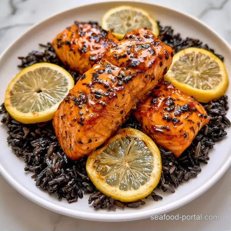 A seared pink fillet resting on a bed of dark purple grains, garnished with a bright lemon slice and fresh sprigs.