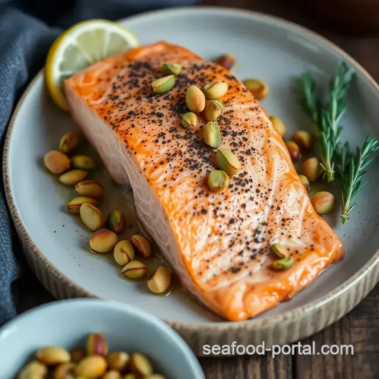 Baked Salmon with Crunchy Pistachios and Herb Crust presentation