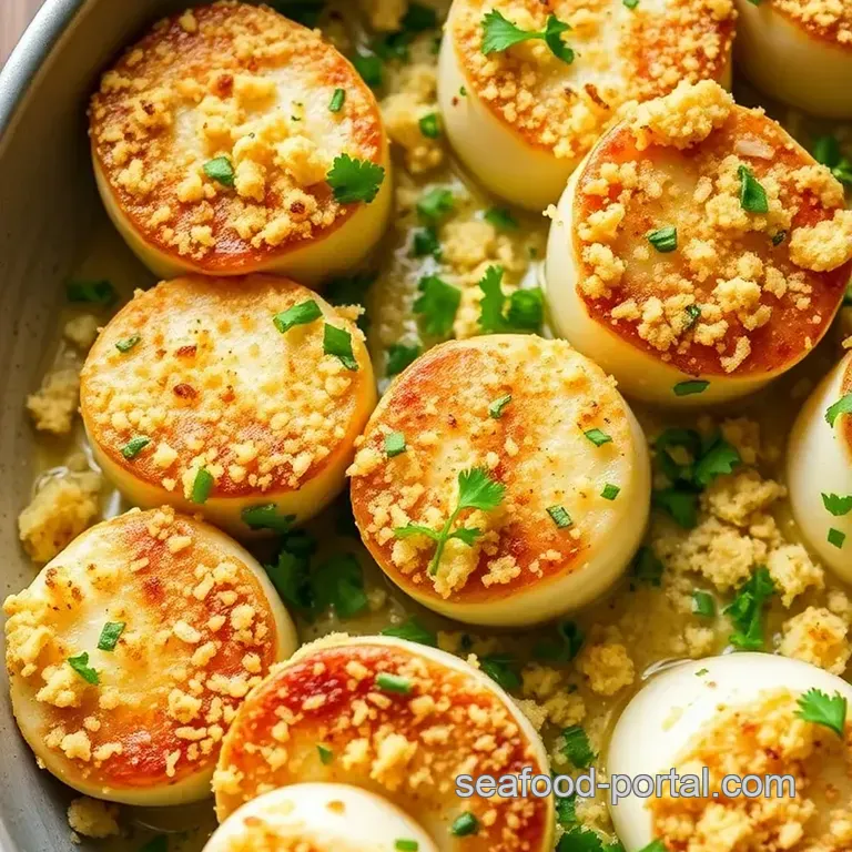 Baked Sea Scallops with Crispy Garlic Topping presentation