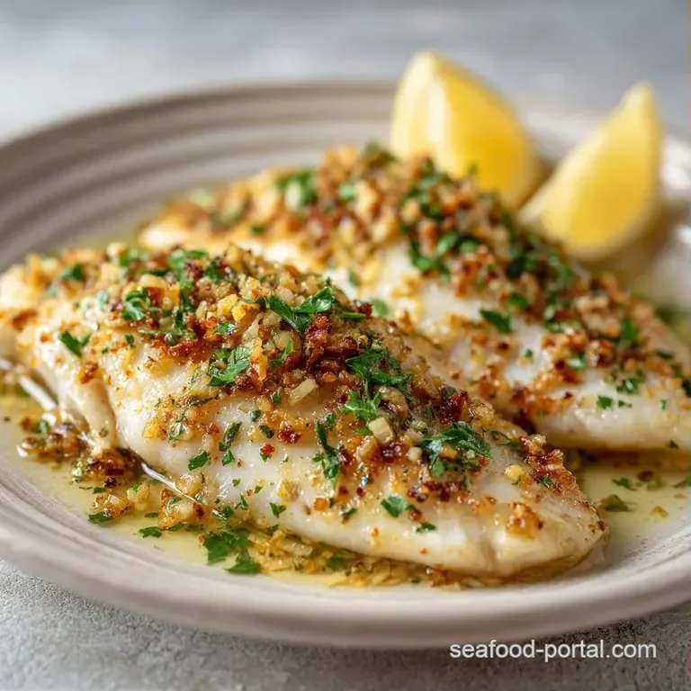 Golden-edged white fish fillets arranged elegantly with lemon slices and parsley sprigs on a slate platter.
