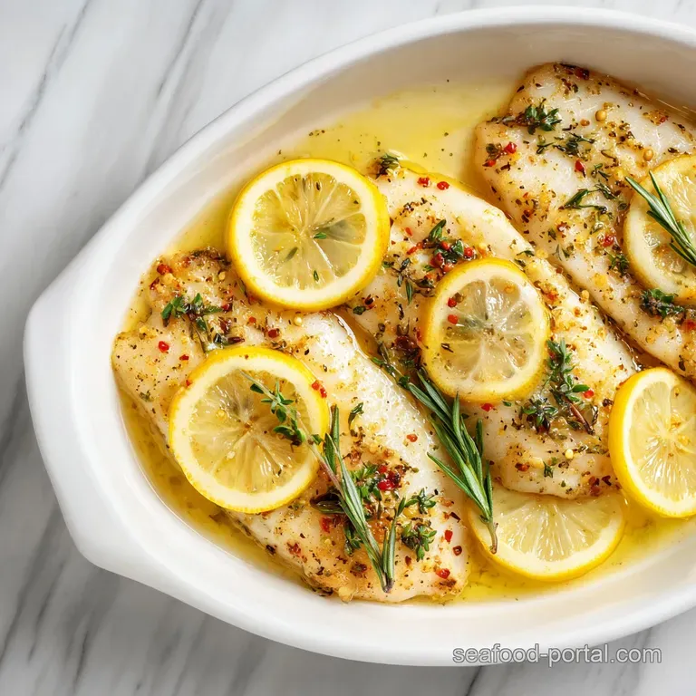 White fish fillet elegantly plated, adorned with vibrant lemon wedges and a sprig of green herbs