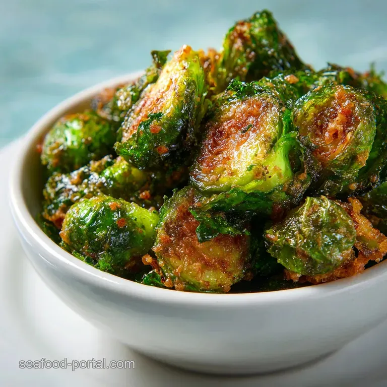 Artfully arranged sprouts on a white plate, creamy sauce drizzled over each, a sprinkle of fresh herbs adding color and te...