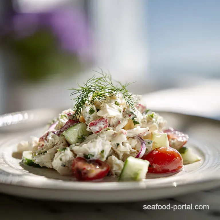 Elegant crab salad plated with avocado slices and microgreens, highlighting the dish's creamy texture and fresh, vibrant c...