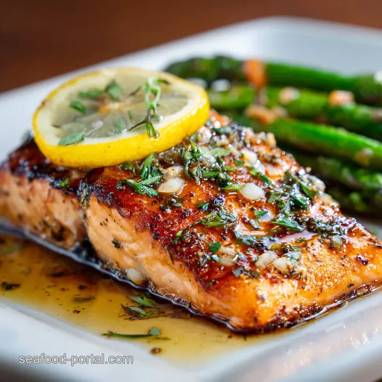 Perfectly seared salmon fillet, vibrant green herbs, and bright yellow lemon wedge on a pristine white plate; a restaurant...
