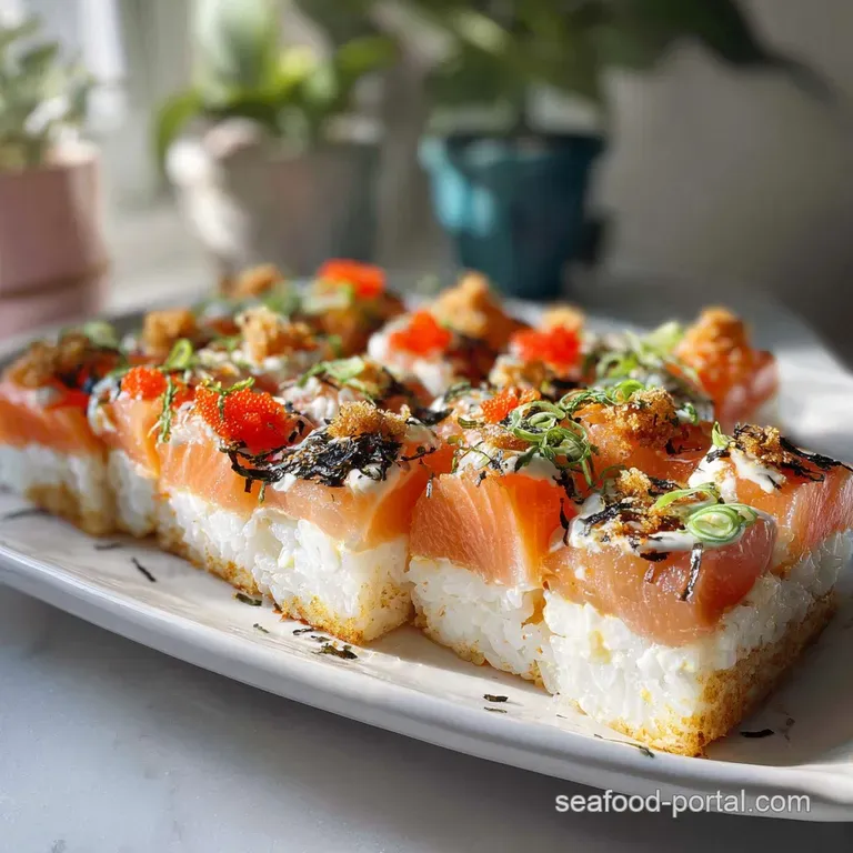 Slice of sushi bake on a plate, showing distinct layers. Crispy, golden top contrasting with soft rice and vibrant ingredi...