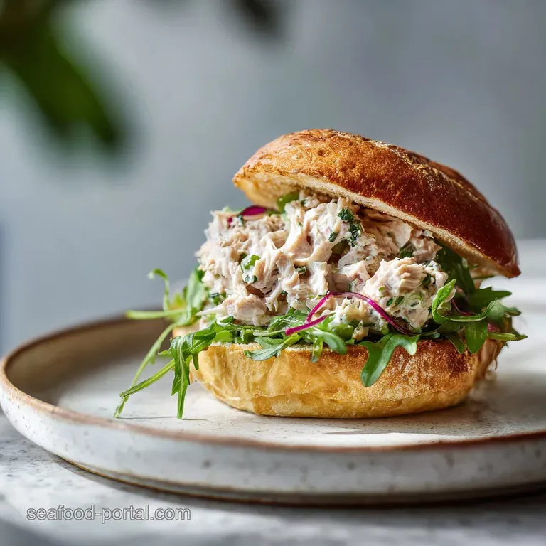Neatly cut tuna sandwich triangles arranged artfully on a plate, garnished with crisp lettuce and a vibrant tomato slice.