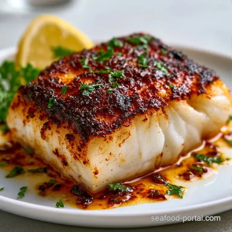 Seared fish with a dark spice crust paired with bright green asparagus on a matte black plate with lemon wedges.