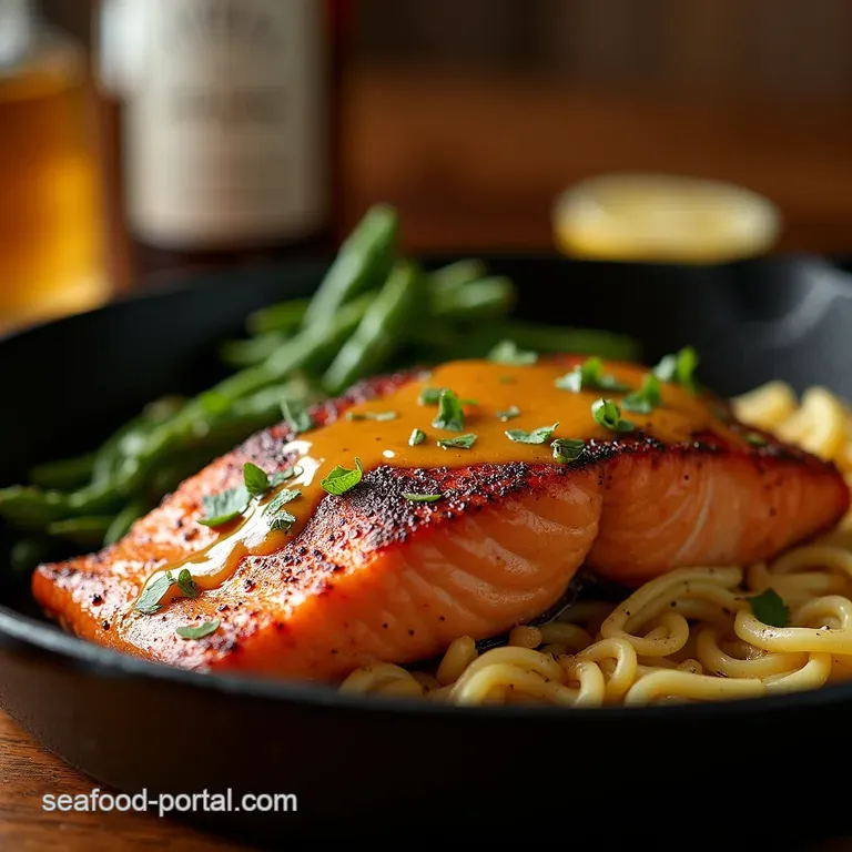 The Cast Iron King Perfectly Blackened Salmon with a Rich Tangy Dijon Drizzle presentation