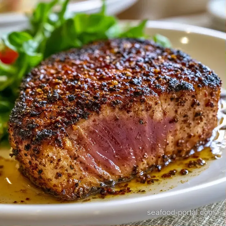 Sliced tuna steak arranged on a sleek plate, its charred pepper crust framing a tender ruby center and herbs