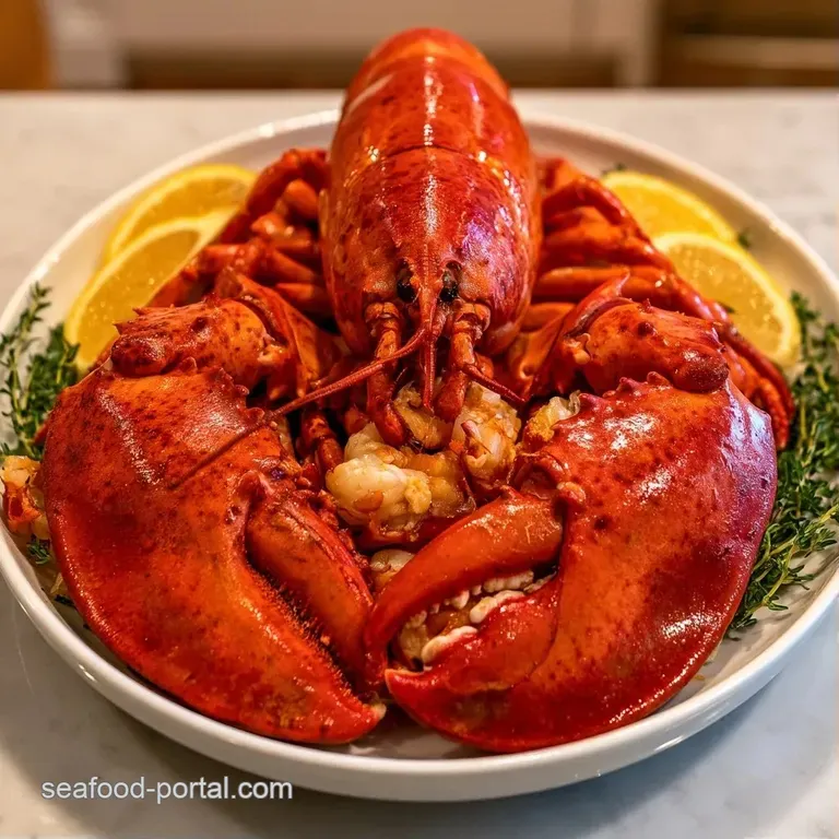 Vibrant red lobster halves artfully arranged on a white platter with lemon slices and a small bowl of melted butter.