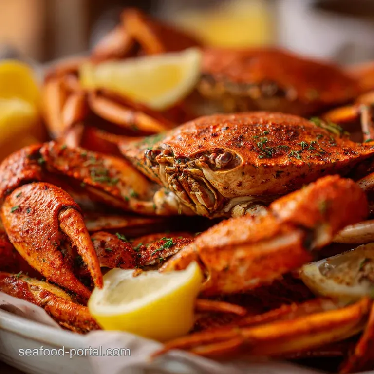 Heaping platter of glistening seafood, dripping with sauce. Crab legs & shrimp shells bright red, lemons add zestful contr...