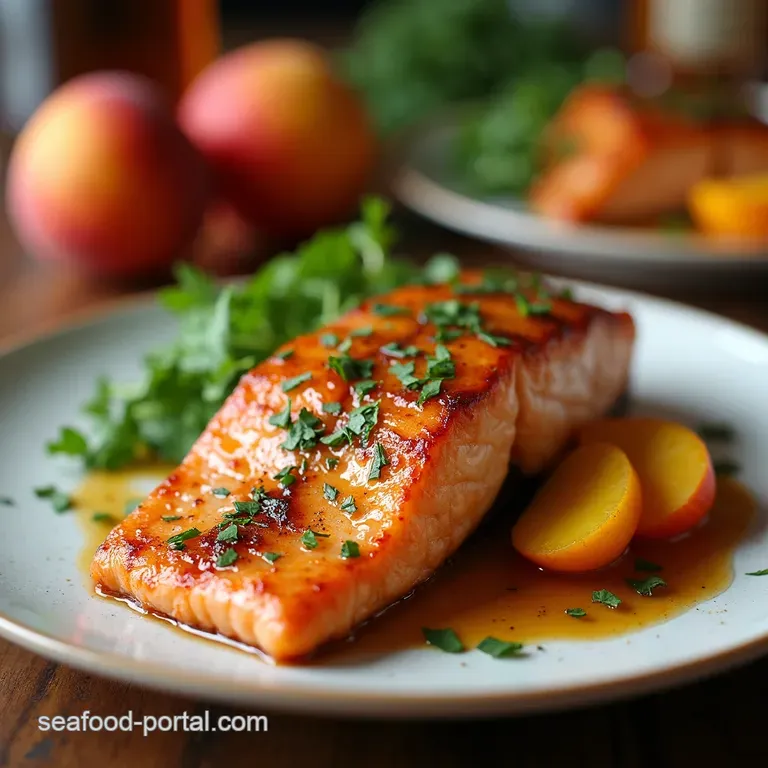 Bourbonglazed Salmon with Roasted Peaches presentation