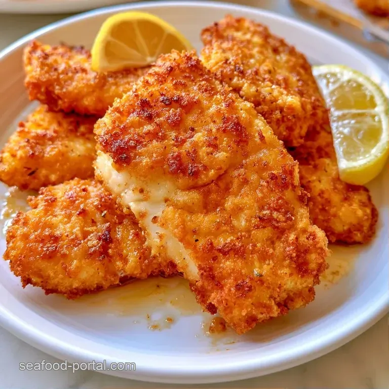 Two golden fish fillets arranged neatly on a white ceramic plate with a side of vibrant green peas and lemon.