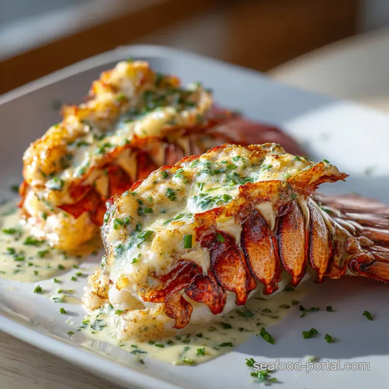 Buttery broiled lobster tail on a pristine white plate, accented by bright lemon wedges and a sprinkle of fresh parsley.