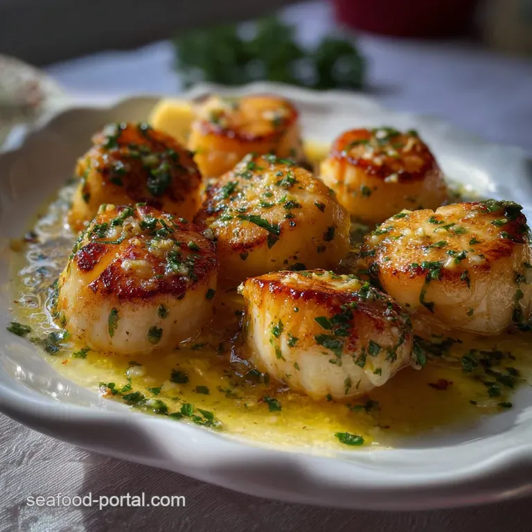 Perfectly seared scallops arranged artfully on a white plate, drizzled with garlic butter and garnished with lemon wedges....