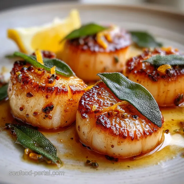 Perfectly seared scallops artfully arranged on a plate, drizzled with rich brown butter sauce and garnished with herbs.