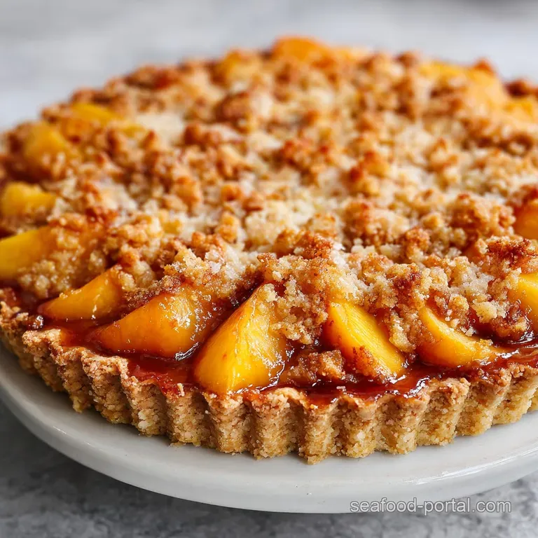 Slice of peach pie with flaky crust, beside a dollop of melting ice cream. Cinnamon sugar dusting creates a warm, inviting...