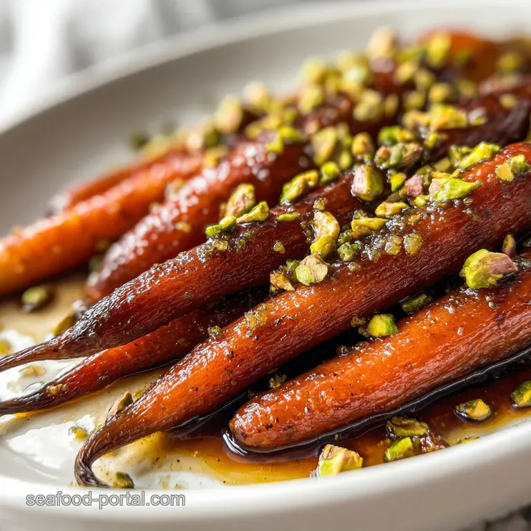 Elegantly plated bright carrots, glistening with glaze and sprinkled with green pistachios, arranged on a speckled ceramic...