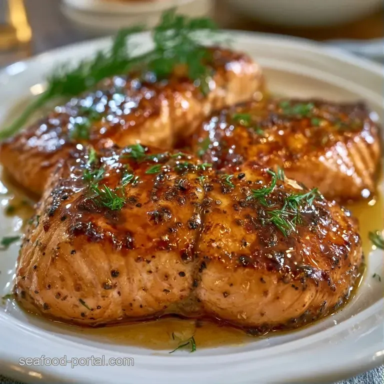 Perfectly sliced glazed pink fish arranged on white stoneware with fresh dill sprigs and bright lemon wedges.
