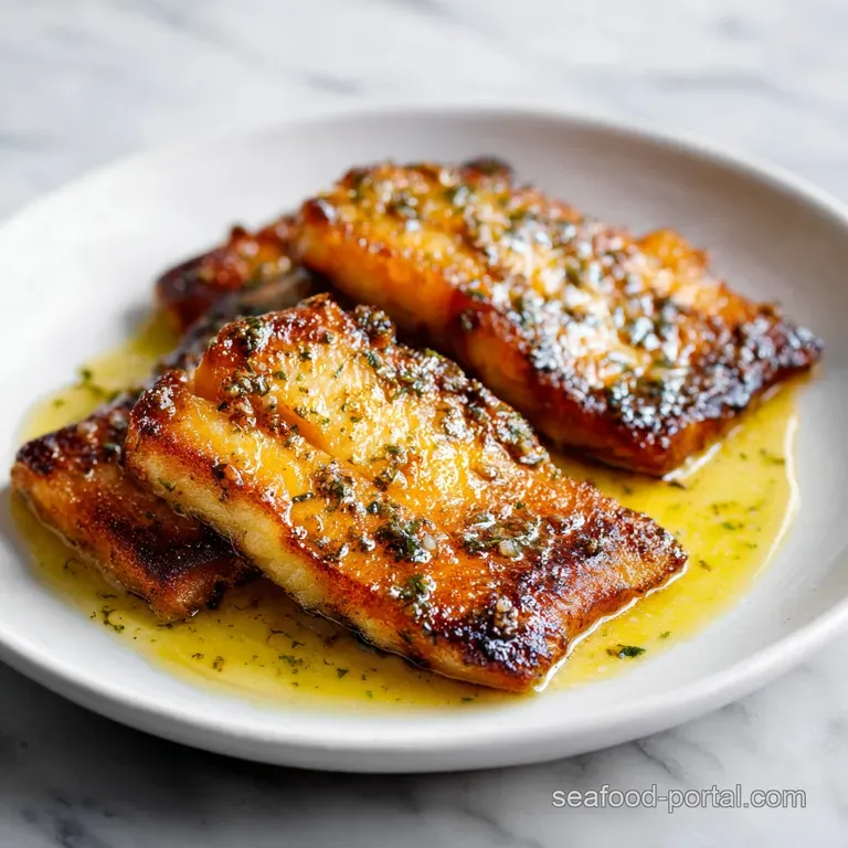 Searing white fish fillet served with charred lemon halves and fresh microgreens on a minimalist slate platter.